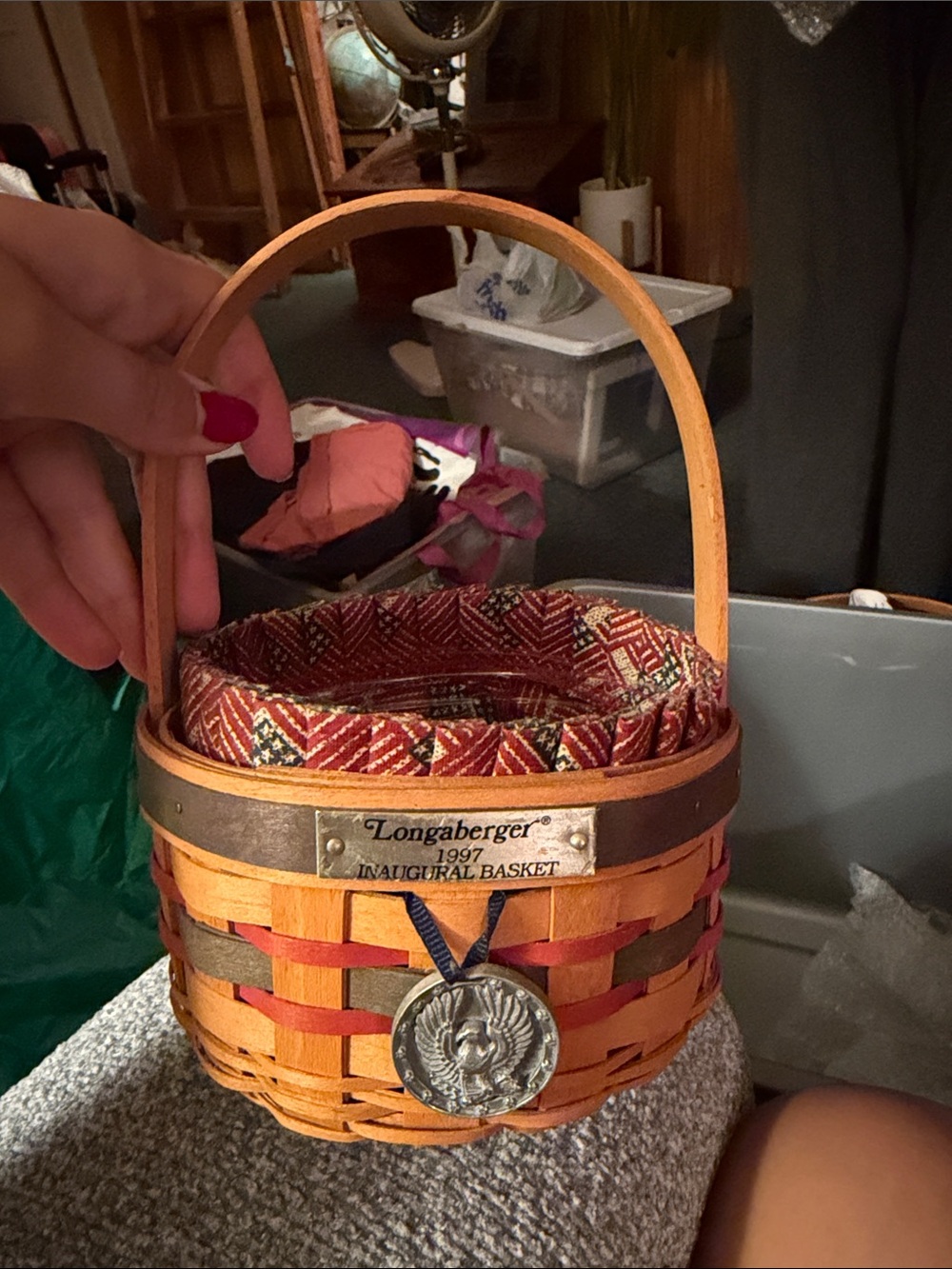 Longaberger Small Woven Basket with Red and Tan Accents